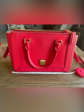 MCM Red Structured Satchel with Gold Hardware
